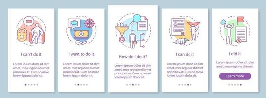 Motivation onboarding mobile app page screen vector template. Goal achieving, problem solving. Getting job, skills improvement. Website step. UX, UI, GUI smartphone interface concept