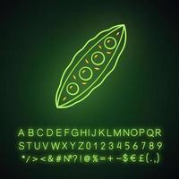 Pea pod neon light icon. Recipe ingredient. Healthy diet. Greenery. Vegan food. Beans. Agriculture plant. Vegetable farm. Glowing sign with alphabet, numbers and symbols. Vector isolated illustration