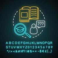 Education motivation neon light concept icon. Solution search. How do I do do it. Striving for success. Overcoming difficulties idea. Glowing alphabet, numbers, symbols. Vector isolated illustration