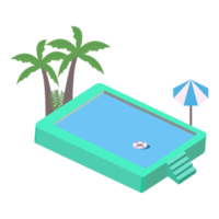 2.5D swimming pool landscape vector collection. Swimming pool collection vector with lifebuoy and coconut tree. Pool 3D art with a lifebuoy and sunbathe. png