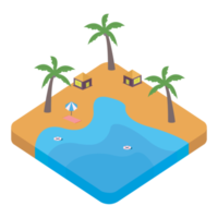 2.5D sandy beach vector design with lifebuoy and resort concept, Sandy beach vector with 2.5D shaped landscape, Beach with a lifebuoy in the summertime. png