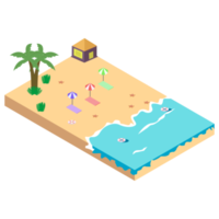 sandstrand koncept vektorillustration. sandstrand vektor med resort koncept och kokospalmer. havet 3d konst med livboj. png