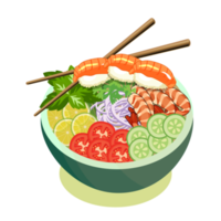 saltee la ensalada con sushi y gambas en un bol con fondo de pizarra. espacio de copia de la vista superior. camarones y vegetales servidos con ensalada. palillos con vector de comida asiática. png