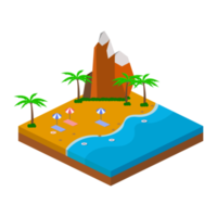 Diseño vectorial de playa de arena 2.5d con concepto de colina, vector de playa de arena con paisaje en forma de 2.5d, playa con un turista en verano. png