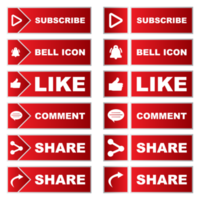 Subscribe button collection with multiple shape. Red color button collection with like, comment and share icon. Metallic red color social media button collection. png