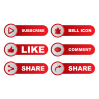 Subscribe button collection with the like, share, and comment section. Stylish metallic color button collection for social media posts. Metallic red color design for social media. png