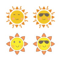adesivo de sol com forma redonda e cor amarela, laranja. sol bonito com rosto sorridente e óculos de sol legais. raio de sol vermelho saindo do desenho vetorial do sol. coleção de adesivos de mídia social de vetor de sol. png