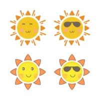 adesivo solare di forma rotonda e di colore giallo arancio. sole carino con viso sorridente e occhiali da sole alla moda. raggio di sole rosso che esce dal disegno vettoriale del sole. collezione di adesivi per social media vettoriali sole. png