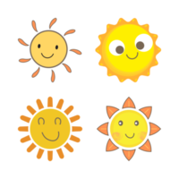 Sonnenaufkleber mit runder Form und gelber, oranger Farbe. süße sonne mit lächelndem gesicht. orangefarbener Sonnenstrahl, der aus dem Sonnenvektordesign herauskommt. Sonne-Vektor-Social-Media-Aufkleber-Sammlung. png