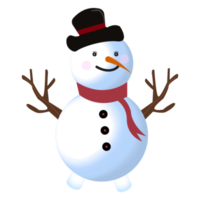 desenho de vetor de boneco de neve bonito em um fundo azul. design de natal com um boneco de neve feliz. um boneco de neve de inverno com silenciador de pescoço, luvas, galho de árvore, nariz de cenoura, chapéu e botões. png