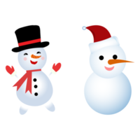 Christmas element design with two snowmen. Cute winter snowmen design with smiling face, carrot nose, neck muffler, gloves, snow hat, and buttons. Snowman vector design on a blue background. png