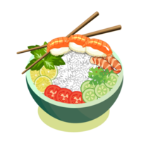 woksallad med sushi och räkor i en skål med skifferbakgrund. ovanifrån kopia utrymme. räkor och grönsaker serveras med sallad. ätpinnar med asiatisk mat vektor. png