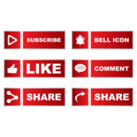 Subscribe button collection with the like, share, and comment section. Stylish metallic color button collection for social media posts. Metallic red color design for social media. png