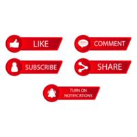 Social media red gradient button collection vector design. Red color subscriber button collection. Social media button elements with like, share, and comment sections. png