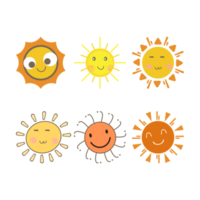 adesivo solare di forma rotonda e di colore giallo e rosso. sole carino con viso sorridente e occhi freddi. raggio di sole che esce dal disegno vettoriale del sole. Collezione di adesivi per social media vettoriali 6 sole.