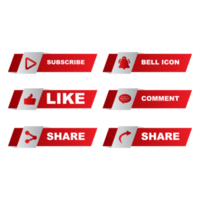 Metallic subscribe button collection with the like, share, and comment section. Red color button collection for social media posts. Red color design for social media. png