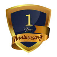 design del distintivo dell'anniversario di dieci anni con sfumatura dorata. design distintivo dell'anniversario con una forma a scudo e stelle. design distintivo dorato e nero con illustrazione vettoriale nastro. png