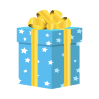 Christmas gift vector design on a white background. Round gift box design with light blue color warp paper with white stars and golden color ribbon. Gift design for Birthdays or Christmas events. png