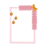 Christmas girly frame with pink pine leaves, snowflakes, golden ball. Xmas pink frame with ribbon. Merry Christmas pink decoration elements with a golden ribbon and golden balls. Christmas elements. png