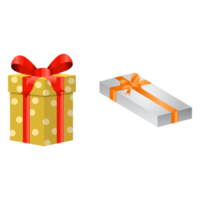 juego de navidad de diseño vectorial de regalos en un fondo blanco. diseño de caja de regalo con papel de envoltura de color amarillo y blanco con cinta de color dorado y rojo. diseño de regalos para aniversarios o eventos navideños. png