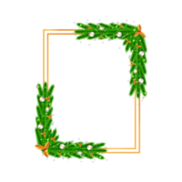 Christmas frame with pine branch and red berries. Xmas frame with golden leaves and snowflakes. Realistic Christmas frame with white decoration ball and lights on white background. png