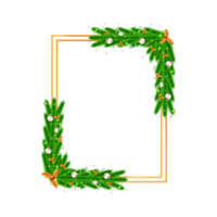 Christmas frame with pine branch and red berries. Xmas frame with golden leaves and snowflakes. Realistic Christmas frame with white decoration ball and lights on white background. png