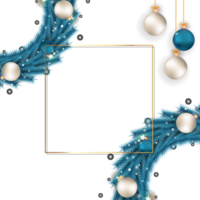Christmas sales banner with blue wreath. Sales banner with wreath, white balls, blue balls. Christmas wreath on dark background. Christmas banner template with decoration elements. png