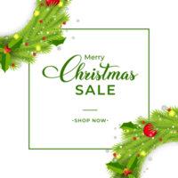 Christmas sales banner with green wreaths and red berries. Xmas sales banner on a golden background. Merry Christmas banner with red decoration balls and glowing snowflakes. Christmas elements. png