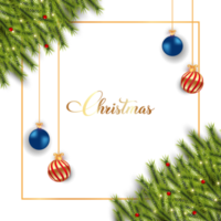 Christmas dark blue background design with luxurious red, blue, and golden decoration balls and pine tree leaves. Realistic background design with pine leaves. Christmas wreath design with calligraphy