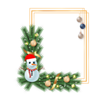 cadre de noël avec boule de décoration sur fond blanc. cadre de Noël avec un joli bonhomme de neige. boule de noël, cadre de noël, feuilles de pin vert, flocons de neige, yeux mignons, bonhomme de neige, lumières étoiles, boule de décoration.