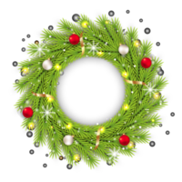 elementos de decoración de la puerta de Navidad con una lujosa corona verde con la bola de color rojo y blanco. Diseño de corona 3d con copo de nieve y cinta. diseño de corona 3d realista con caligrafía. png