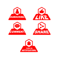 colección de botones de suscripción con la sección Me gusta, compartir y comentar. colección de botones de color rojo para publicaciones en redes sociales. diseño de color rojo metálico para las redes sociales. png