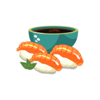 sushi de salmón con salsa de soja y gambas en un bol de fondo blanco. espacio de copia de la vista superior. camarones y sushi servidos con salsa de soya. palillos con vector de comida asiática. png