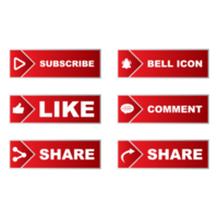 Subscribe button stylish collection with multiple shapes. Red color button collection with like, comment, and share icon. Metallic red color social media button collection. png