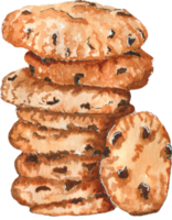 Watercolor food sketch of  oatmeal cookies with chocolate drops png