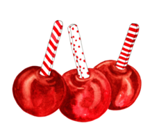 Watercolor caramel red apples with wooden sticks png