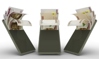 Nigerian naira notes inside a mobile phone. money coming out of mobile phone. 3d rendering of set of mobile money transaction concept. money from Phone png