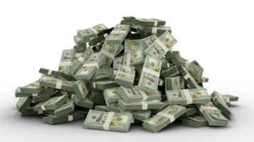 Big pile of US dollar notes a lot of money over transparent background. 3d rendering of bundles of cash png