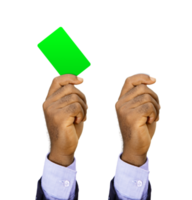 closeup of Black hand holding blank card isolated on transparent background.  male hand holding blank green card, Card template, Just put your object behind behind index finger png