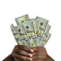 Black hands holding 3D rendered 100 us dollar notes. closeup of Hands holding dollar bills png