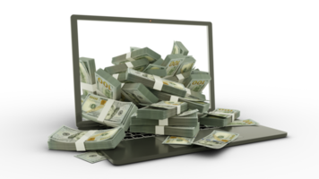 Rendering 3d di banconote da 100 dollari USA che escono da un monitor portatile isolato su sfondo trasparente. pile di banconote in dollari all'interno di un computer portatile. soldi dal computer, soldi dal laptop