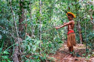 indio de la tribu pataxo usando un arco y una flecha. indio brasileño con tocado de plumas y collar foto