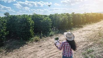 Young woman farmer analyzing a coffee plantation through a drone. Farmer using drone to fly over his coffee plantation. Technology on the farm. photo