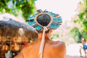 indio de la tribu pataxo, con tocado de plumas. ancianos indios brasileños de espaldas a la cámara foto