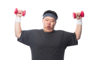 Young Asian fat man is exercising with his dumbbell, Png file