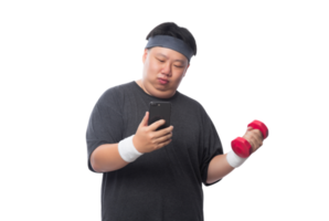 jeune homme de sport gras asiatique à l'aide d'un smartphone, fichier png