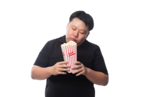 joven asiático gordo divertido con palomitas de maíz, archivo png