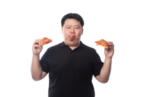 Young Funny Fat Asian man with pizza, Png file