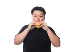 Young Funny Fat Asian man with hamburger, Png file