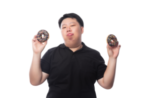 jovem asiático gordo engraçado com donuts, arquivo png